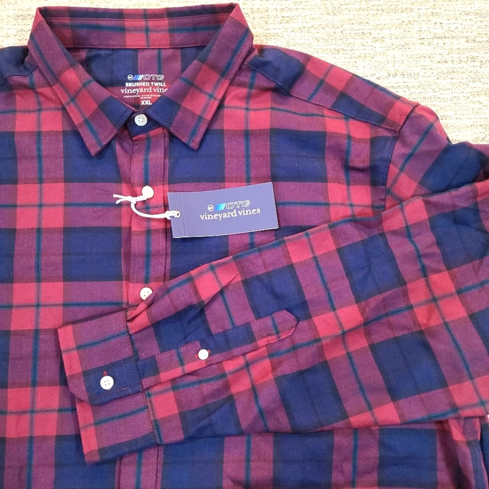 NEW VINEYARD VINES OTG brushed twill classic fit plaid shirt MED Burgundy Navy
